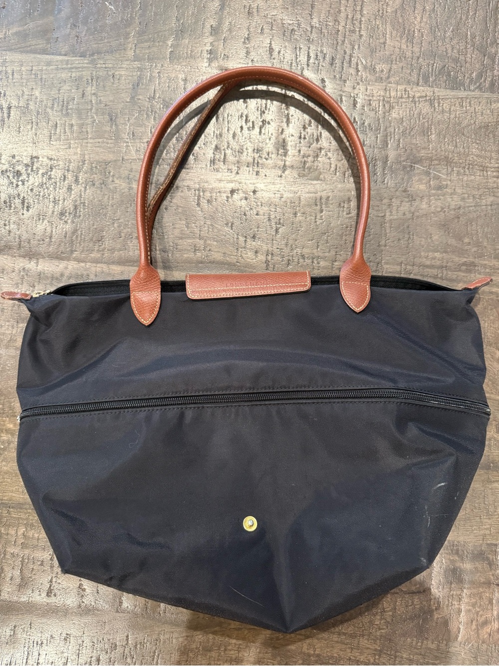 Longchamp Le Pliage Black Nylon Expandable Travel Tote w/Brown Leather - Picture 3 of 12